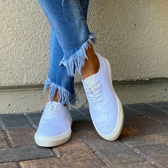 White Lace Up Brogue Fabric Knit Oxford Sneakers - Picture 12 of 16